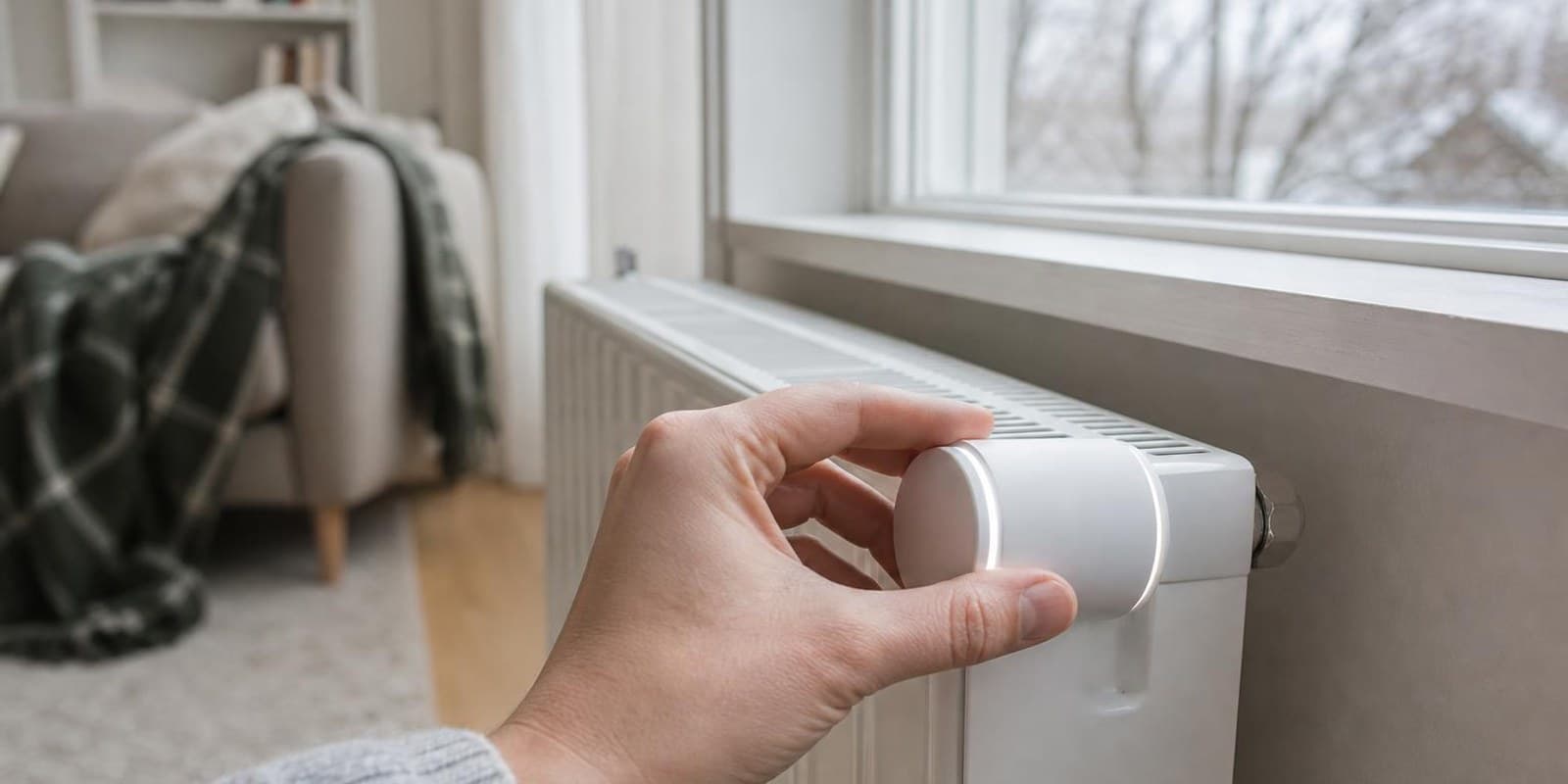 Hand stellt ein smartes Thermostat am Heizkoerper unter dem Fenster ein.