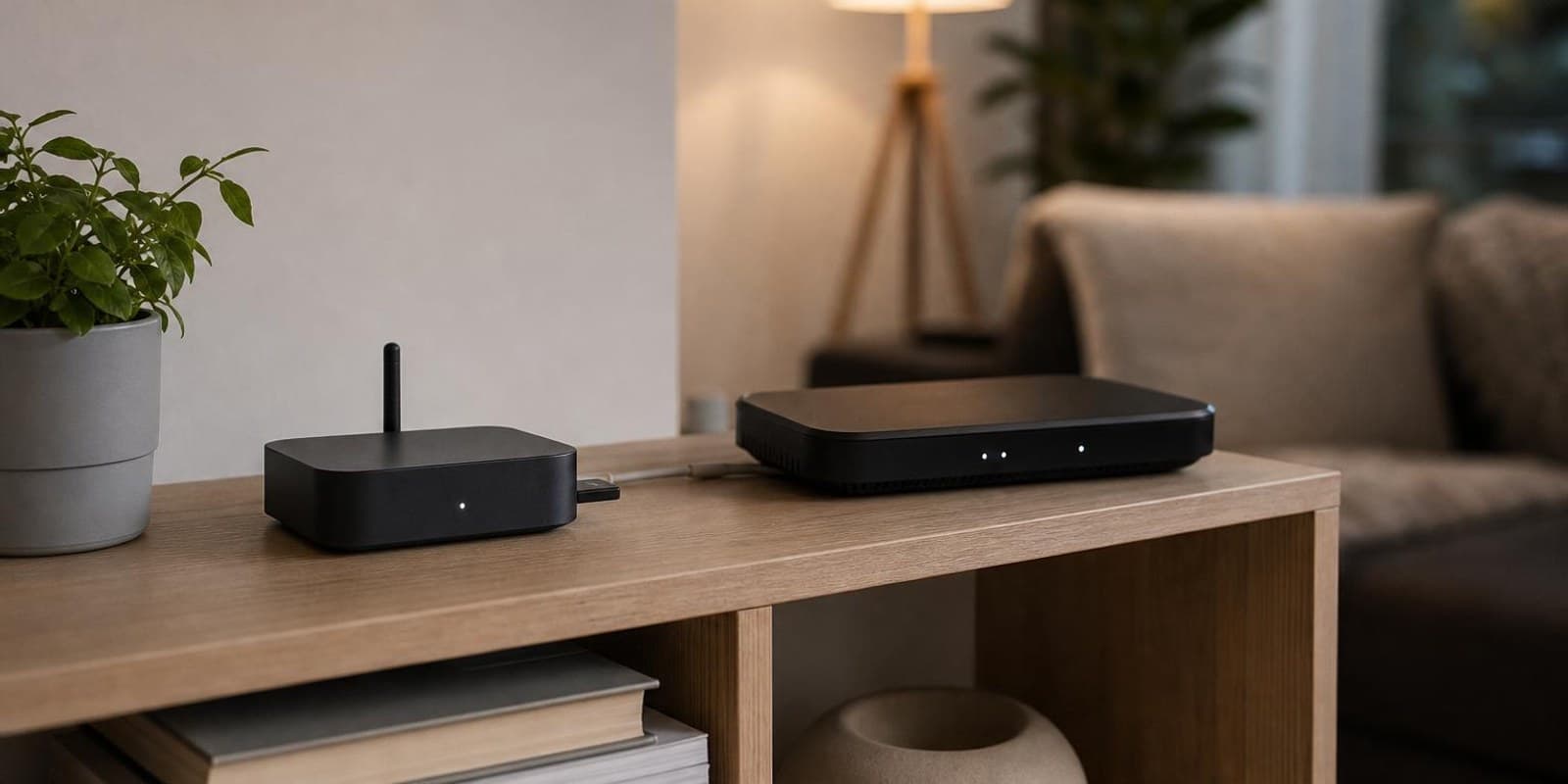Kleine Smart-Home-Zentrale mit Funkstick steht neben dem Router im Regal, eine Lampe leuchtet warm.
