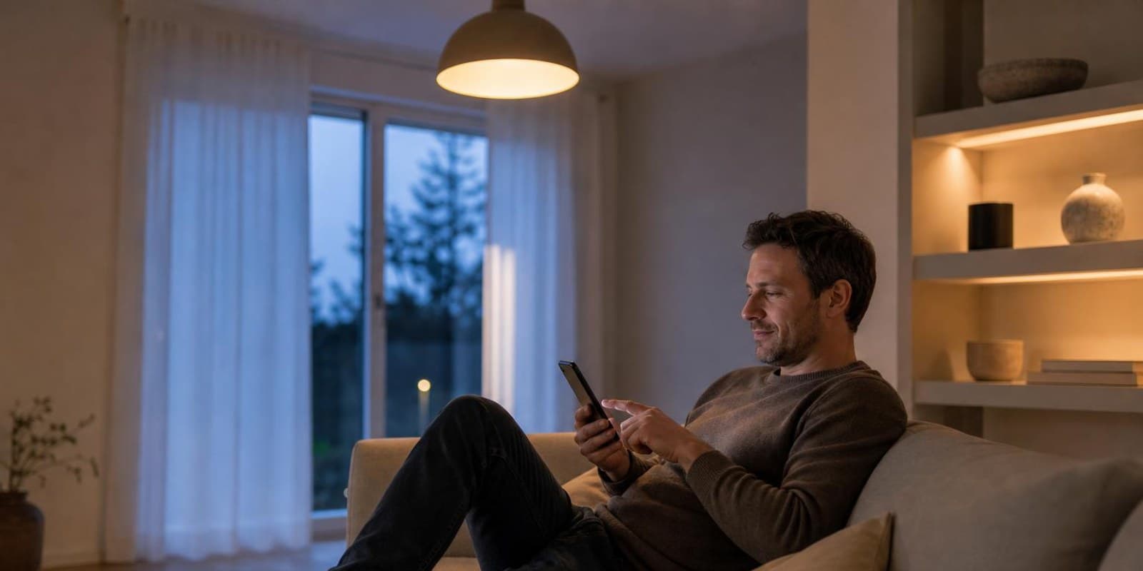 Mann dimmt vom Sofa aus per Smartphone das warme Licht im Wohnzimmer.