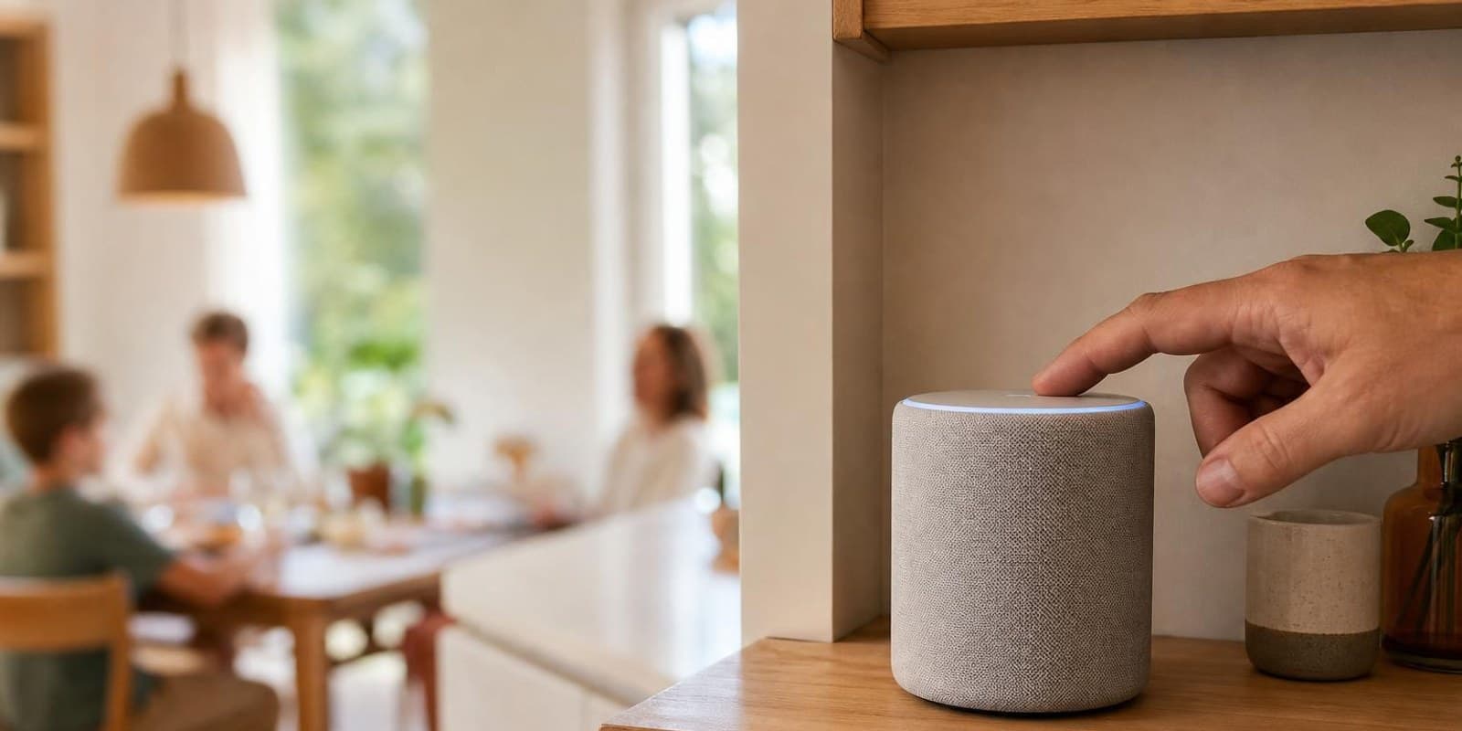 Eine Hand drueckt die Mikrofontaste eines smarten Lautsprechers im Kuechenregal, dahinter Alltag am Tisch.