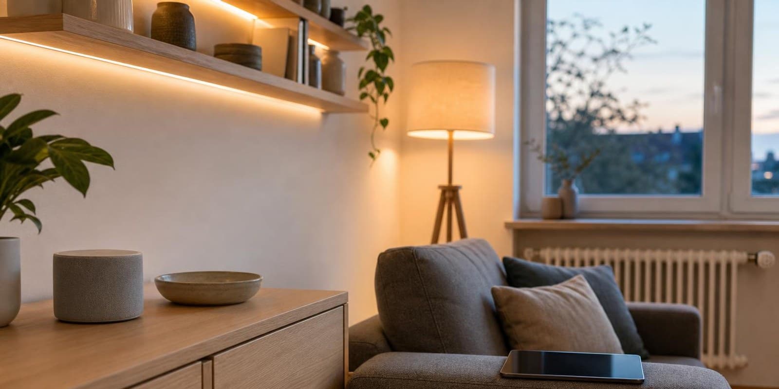 Wohnzimmer am Abend mit warmem smartem Licht, Lautsprecher und Thermostat.