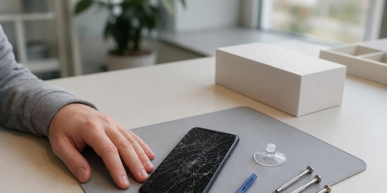 Smartphone mit zersprungenem Display liegt auf der Reparaturmatte neben Werkzeug, daneben ein Karton.