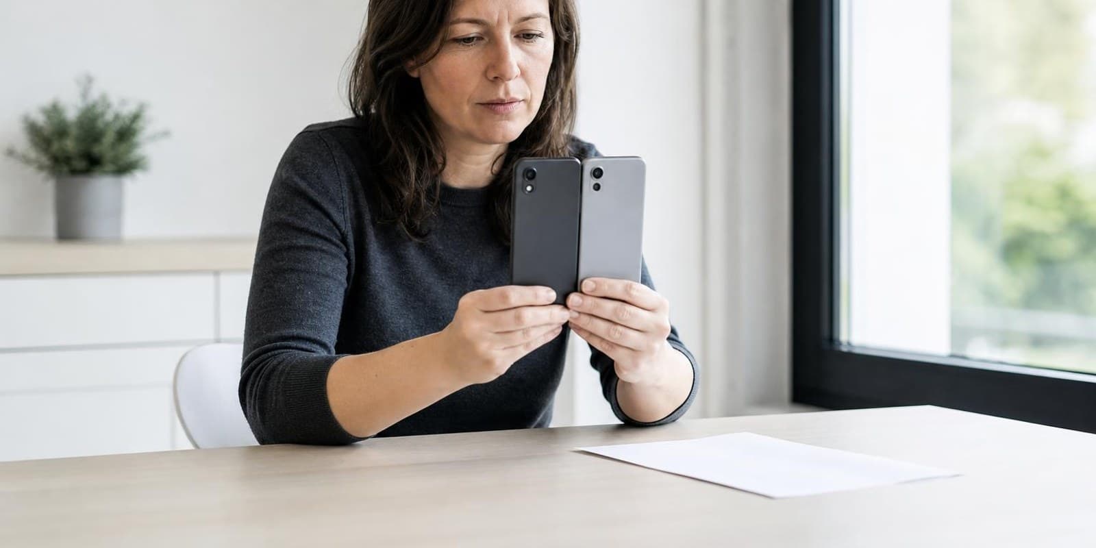Frau vergleicht zwei Smartphones nebeneinander in ihren Haenden.