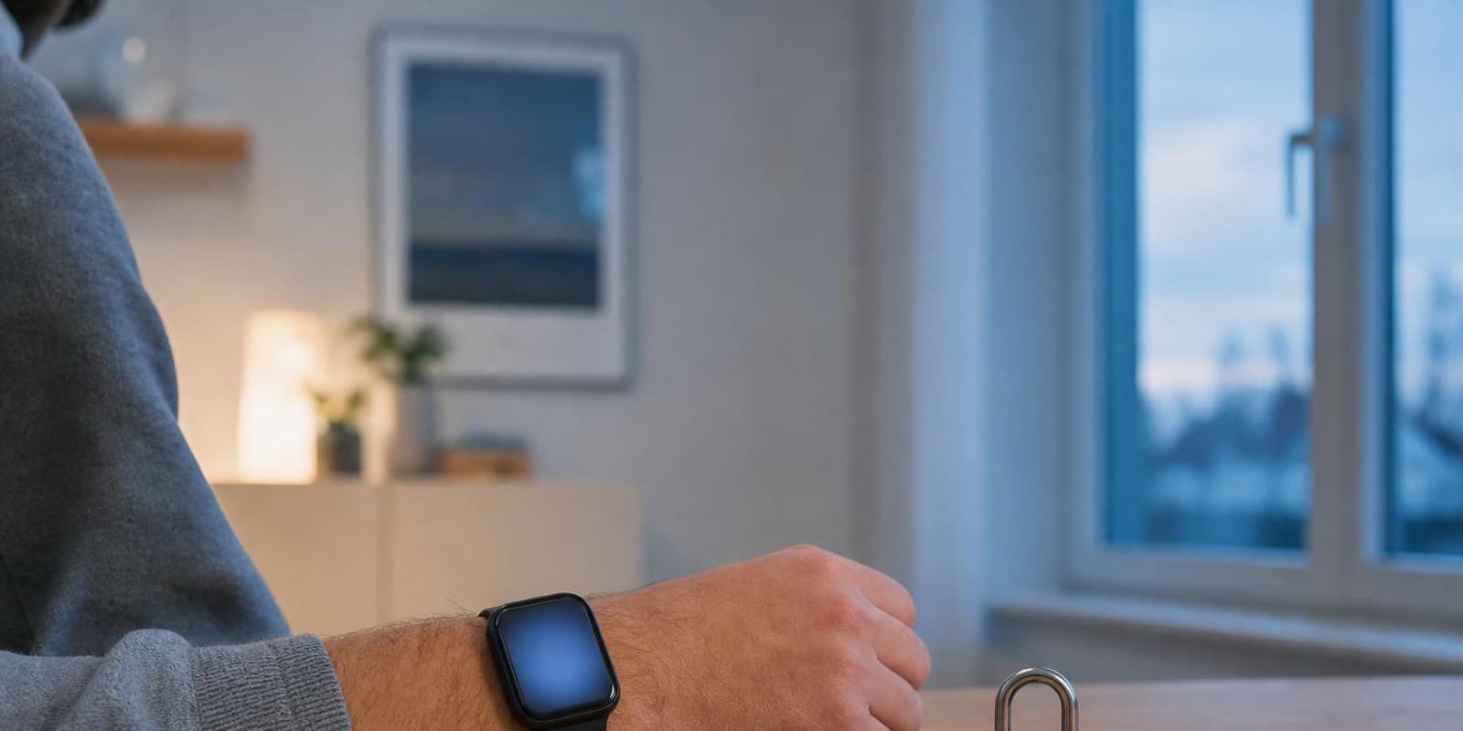 Smartwatch mit unlesbarem Display neben Vorhaengeschloss und Smartphone auf einem Schreibtisch.