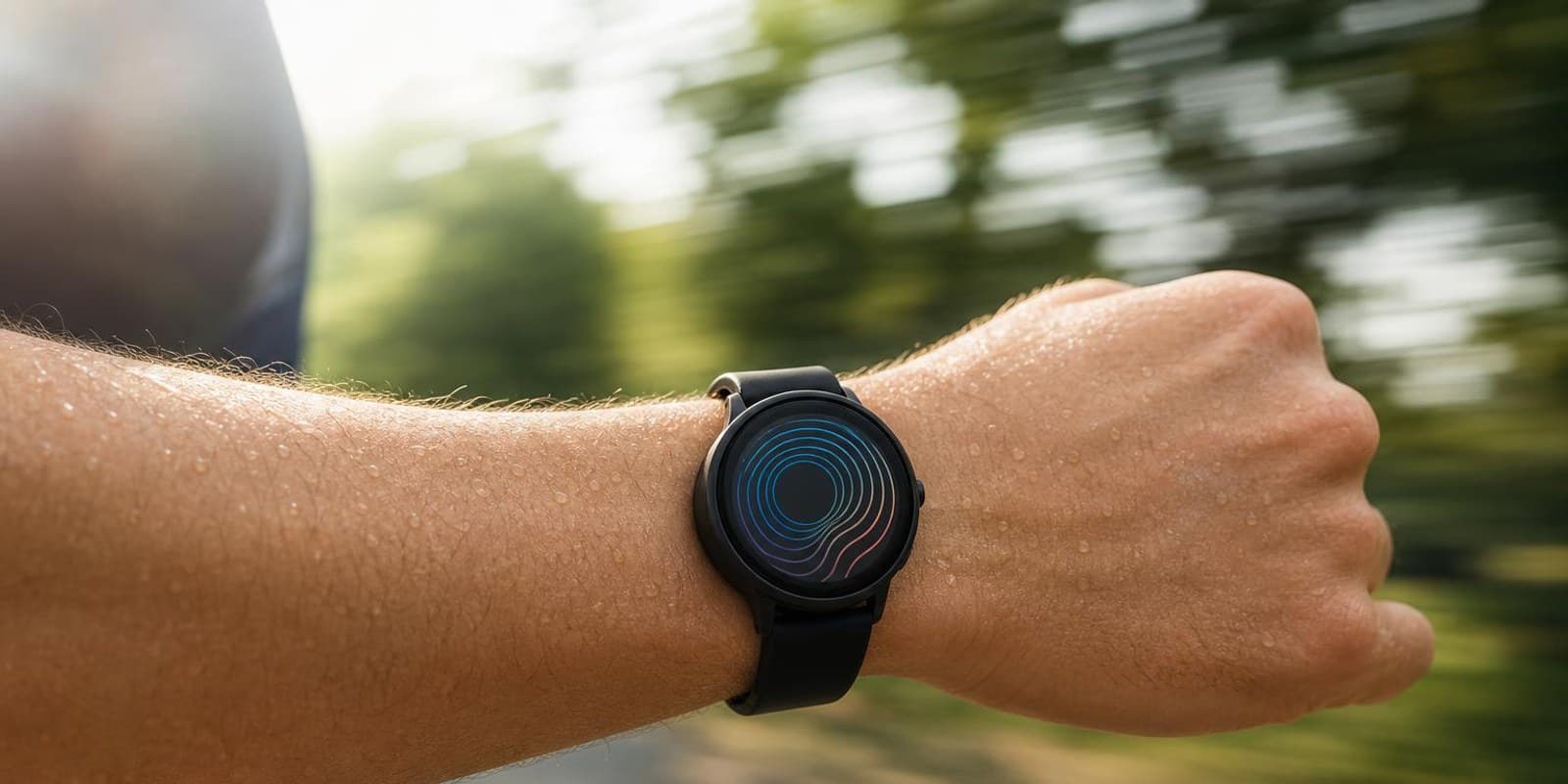 Smartwatch am Handgelenk einer Laeuferin zeigt leuchtende Ringe und Kurven waehrend des Laufs.