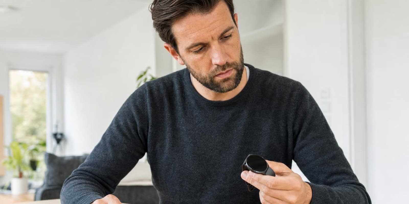 Ein Mann vergleicht am Tisch eine robuste Sportuhr mit Knoepfen und eine schlanke Smartwatch.
