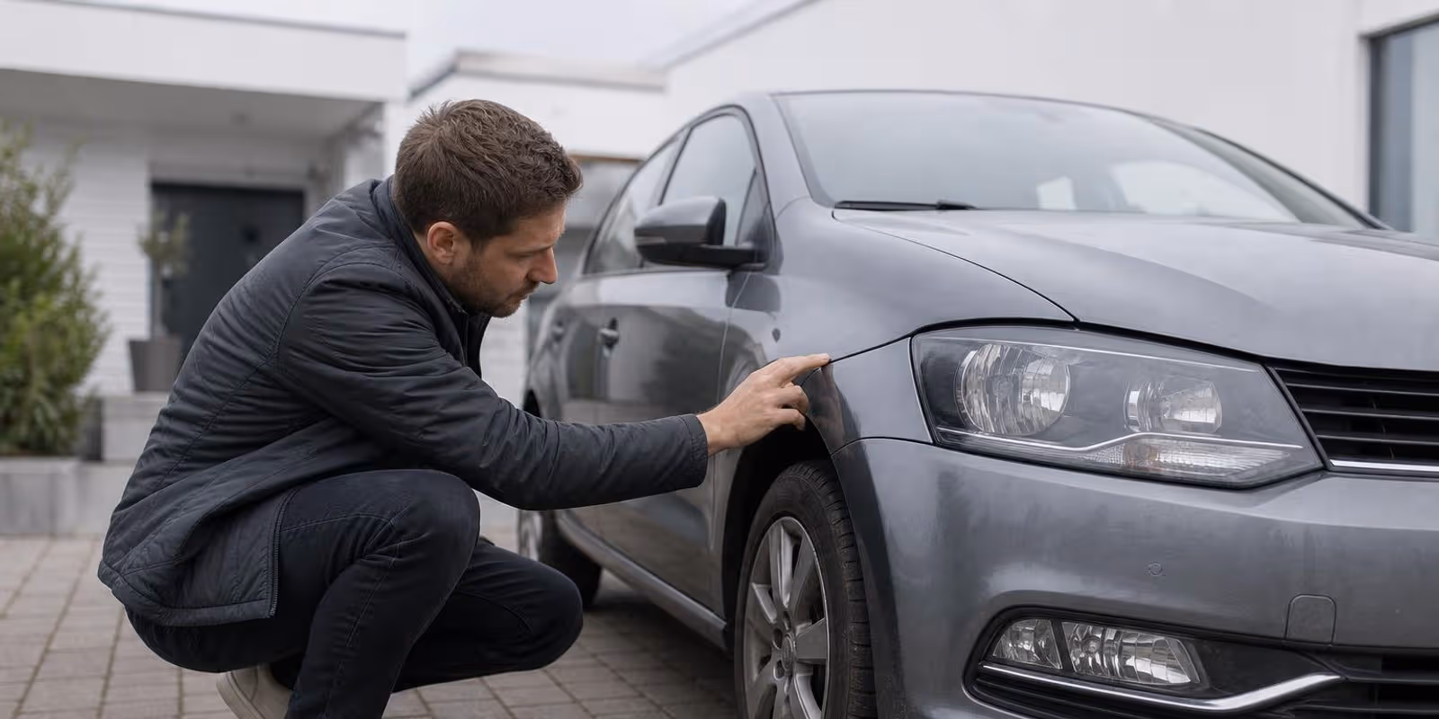 Person hockt an der Fahrzeugfront und prueft mit den Fingern den Spalt zwischen Motorhaube und Kotfluegel.