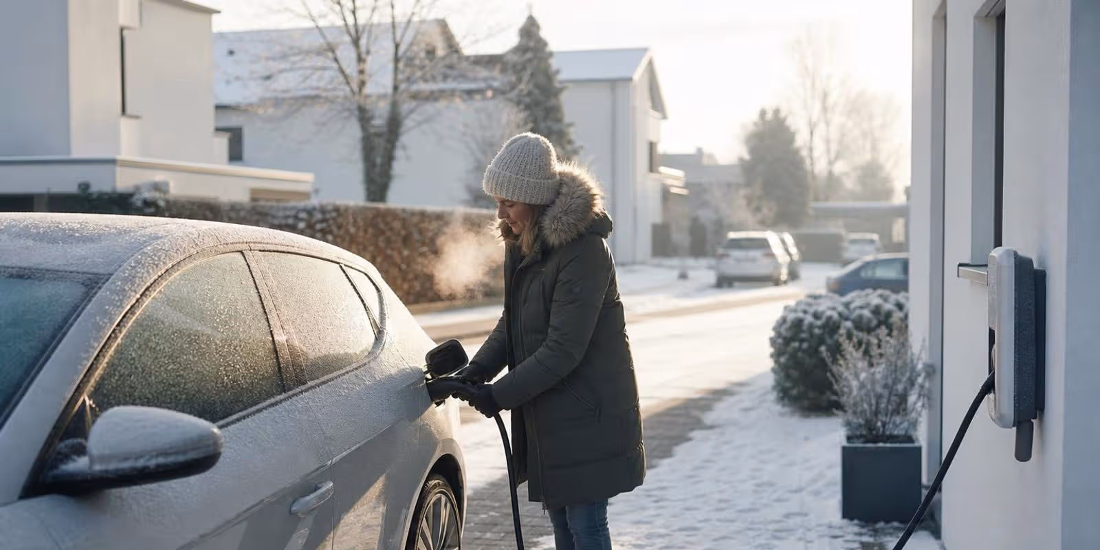 Bereiftes Elektroauto am Wintermorgen, jemand zieht das Ladekabel am Ladeanschluss ab.
