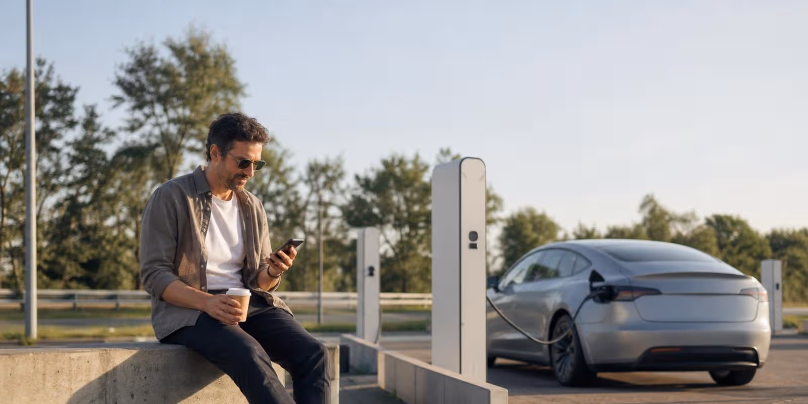Reisender sitzt mit Kaffee an der Raststaette, waehrend im Hintergrund ein Elektroauto an der Saeule laedt.