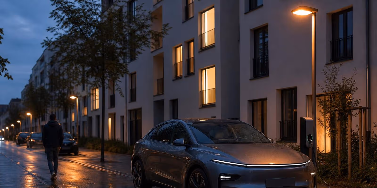 Elektroauto parkt abends an der Strasse und laedt an einer schmalen Ladesaeule am Bordstein.