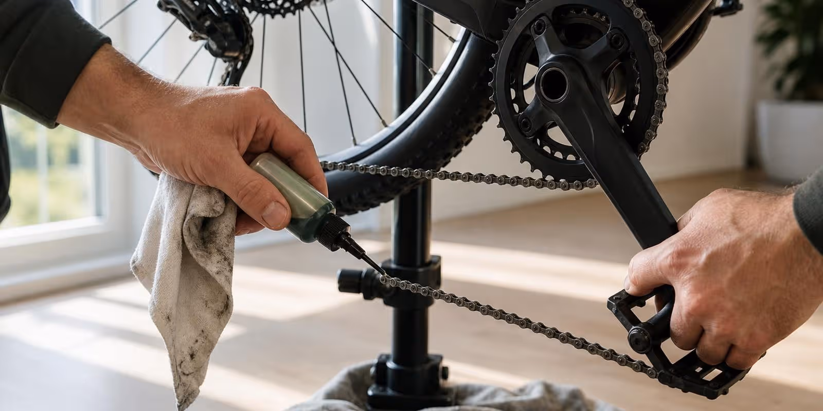Zwei Haende oelen an der Fahrradkette, waehrend die Kurbel langsam rueckwaerts gedreht wird.