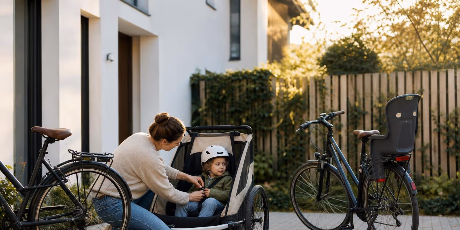 Elternteil schnallt ein Kind im Fahrradanhaenger an, daneben lehnt ein Rad mit Kindersitz am Zaun.