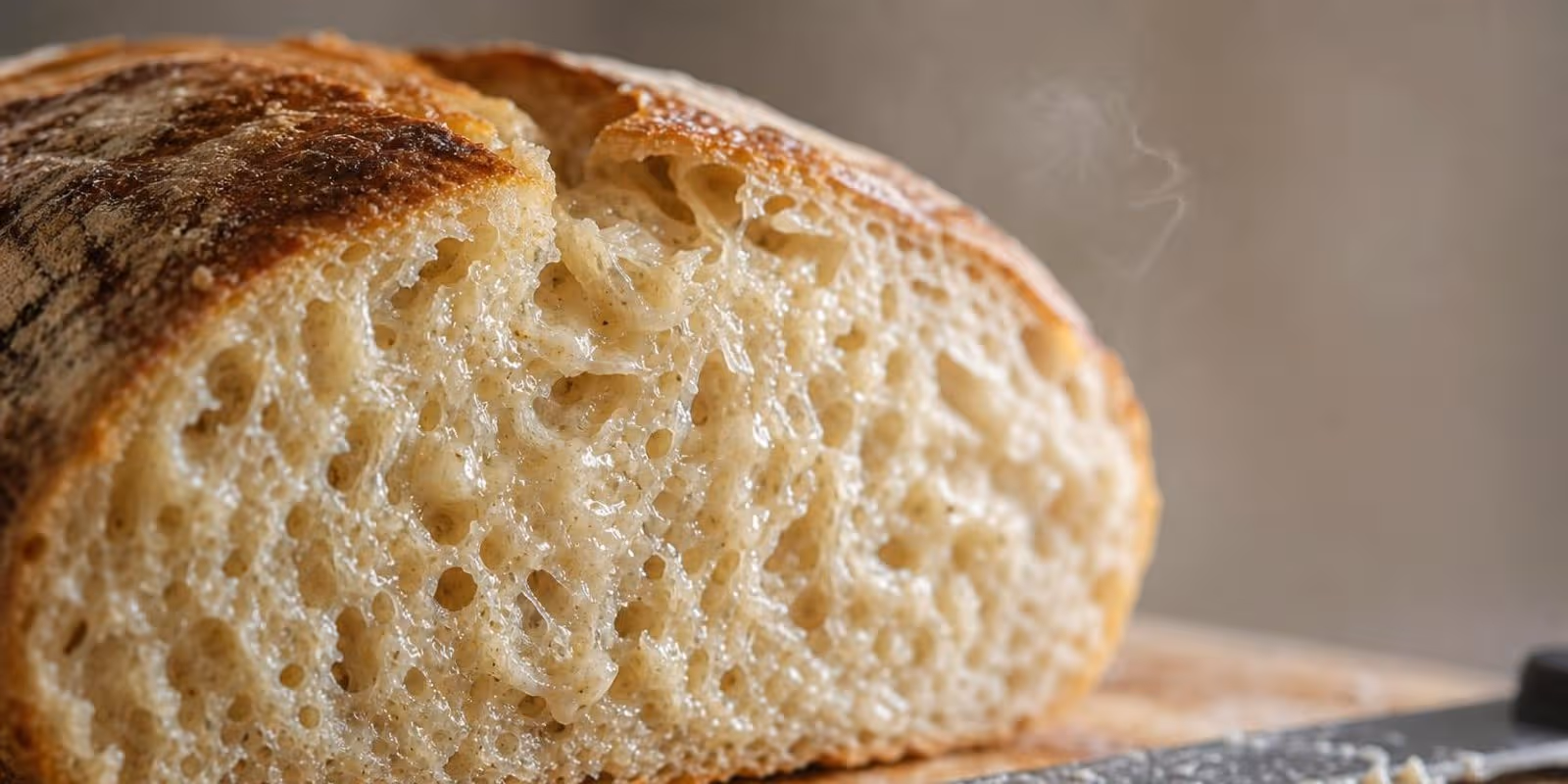 Angeschnittenes Brot mit dichter, speckiger Krume, am Messer daneben klebt feuchter Teig.