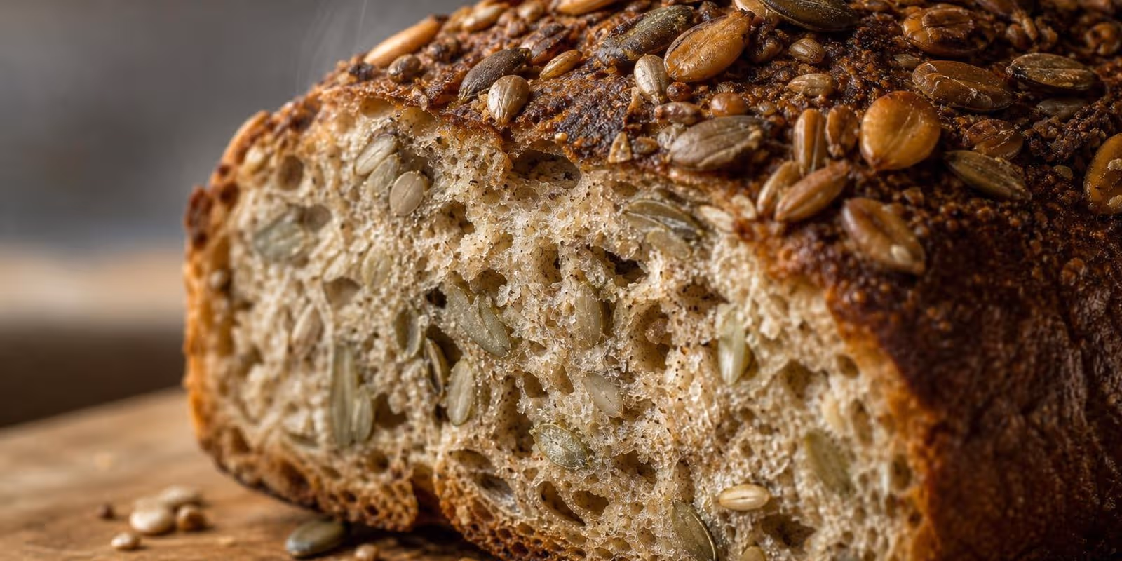 Angeschnittenes Koernerbrot mit saftiger Krume voller Sonnenblumen- und Kuerbiskerne auf einem Holzbrett.