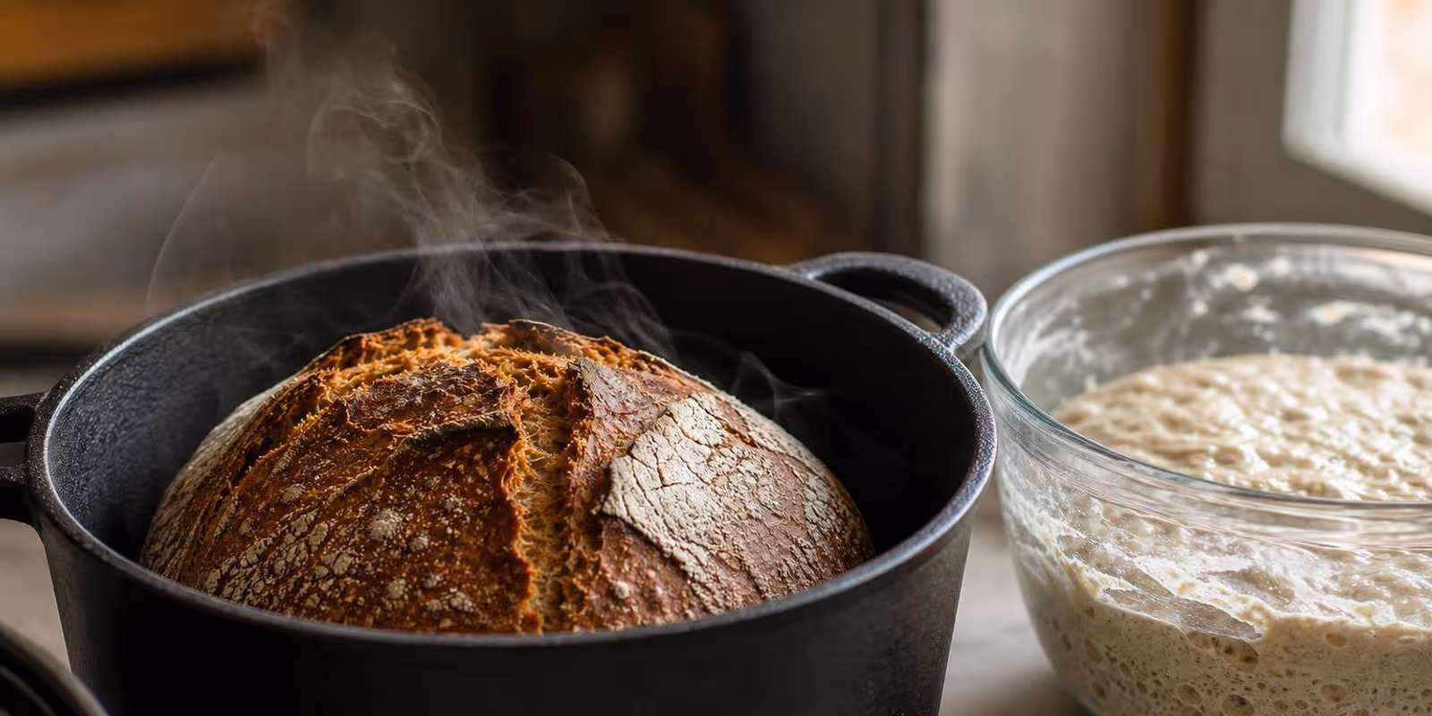 Knuspriges No-Knead-Brot im gusseisernen Topf, daneben der blasige Teig in einer Glasschuessel.