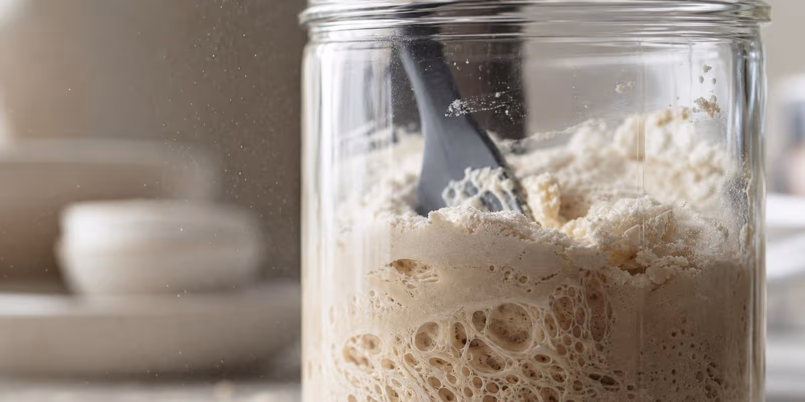 Sauerteig im Glas wird mit frischem Mehl und Wasser gefuettert, an der Glaswand sind Blasen zu sehen.