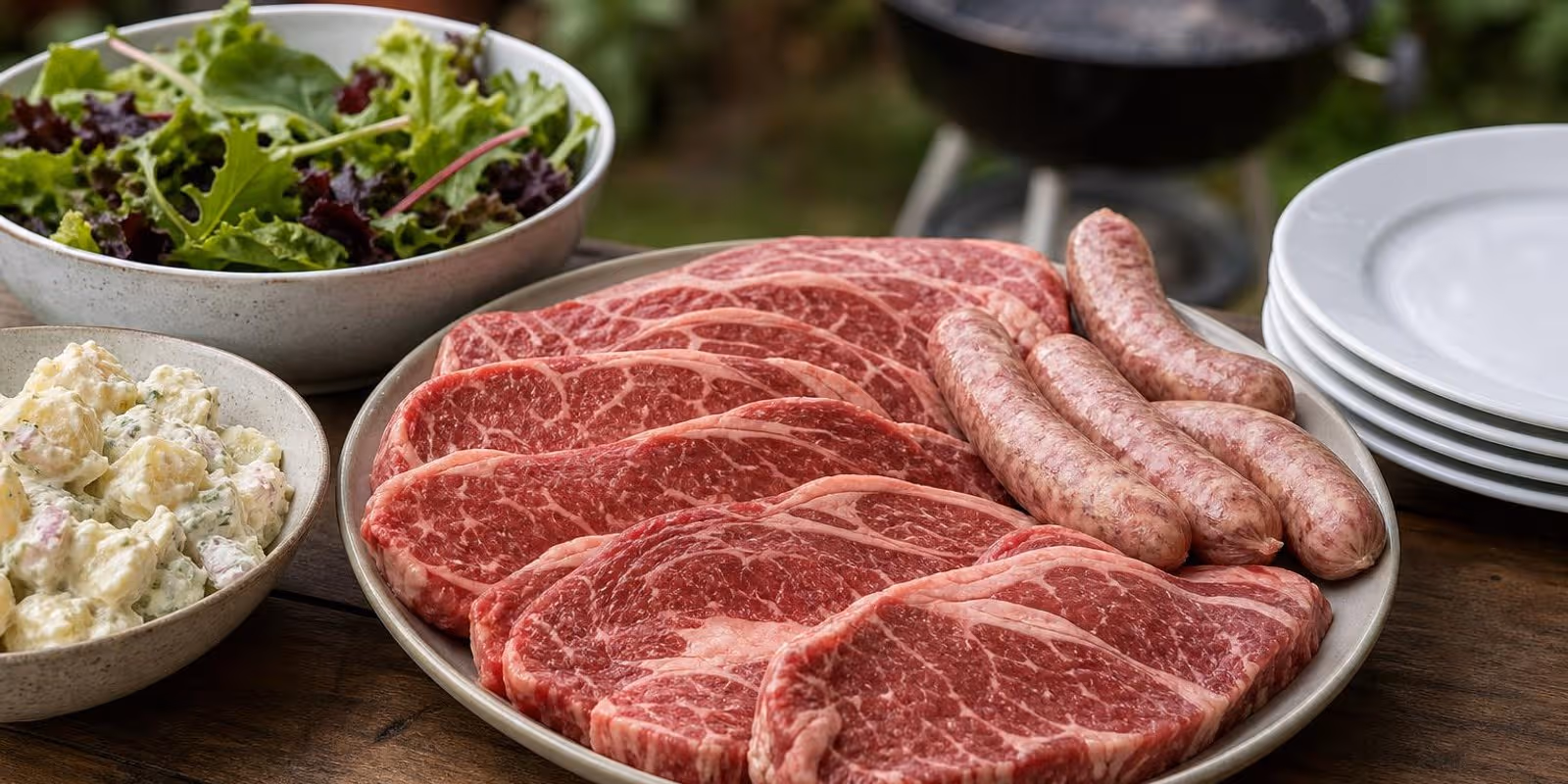 Gedeckter Grilltisch mit portioniertem Fleisch, Wuersten und Salatschuesseln fuer mehrere Gaeste.