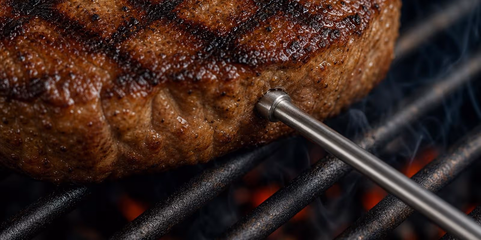 Steak mit Roestmuster auf dem Grill, ein Kernthermometer steckt im Fleisch.
