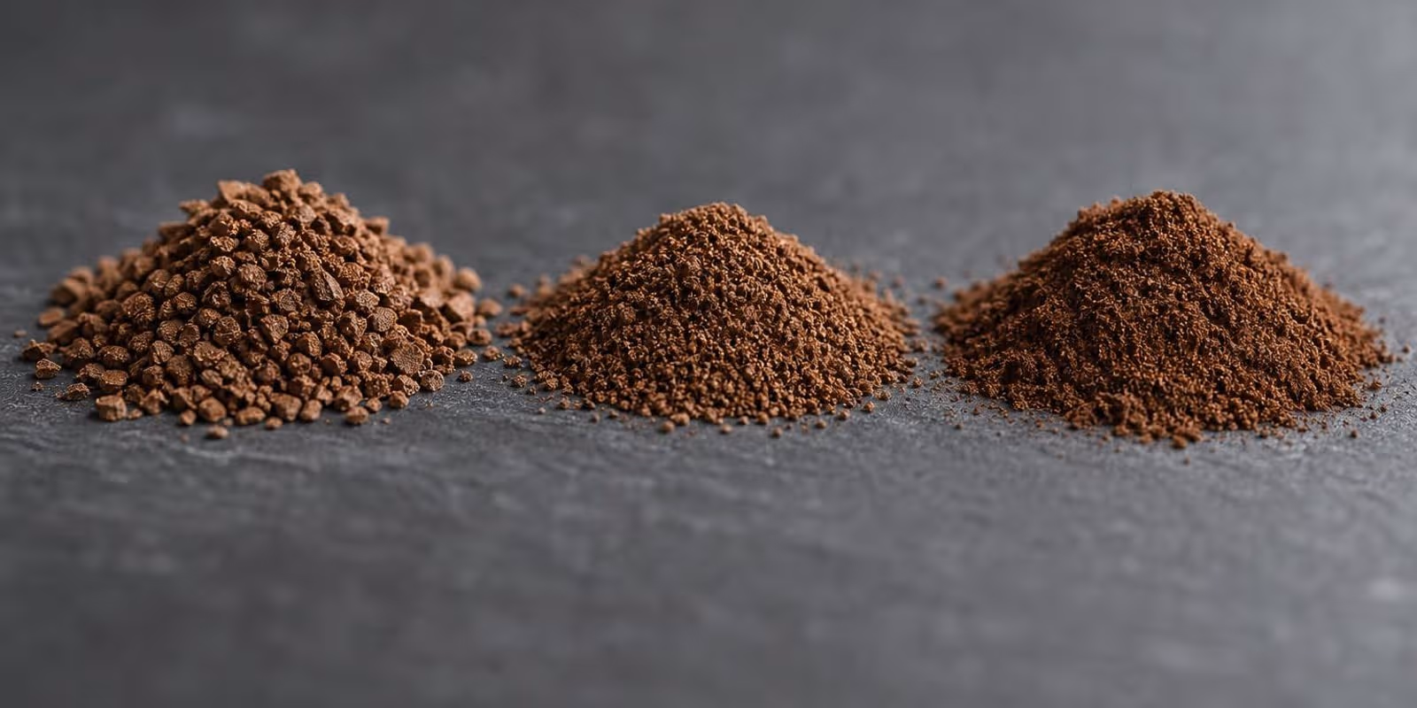 Drei Haeufchen Kaffeemehl von grob bis fein liegen nebeneinander auf dunklem Schiefer.