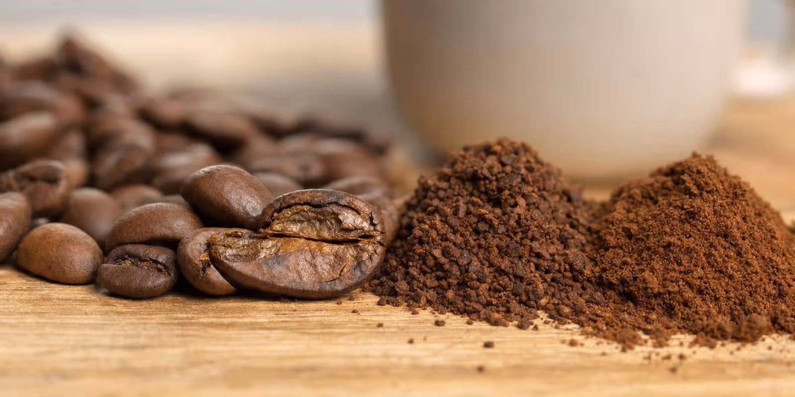 Geroestete Kaffeebohnen und unterschiedlich fein gemahlenes Kaffeepulver liegen vor einer Tasse Kaffee.