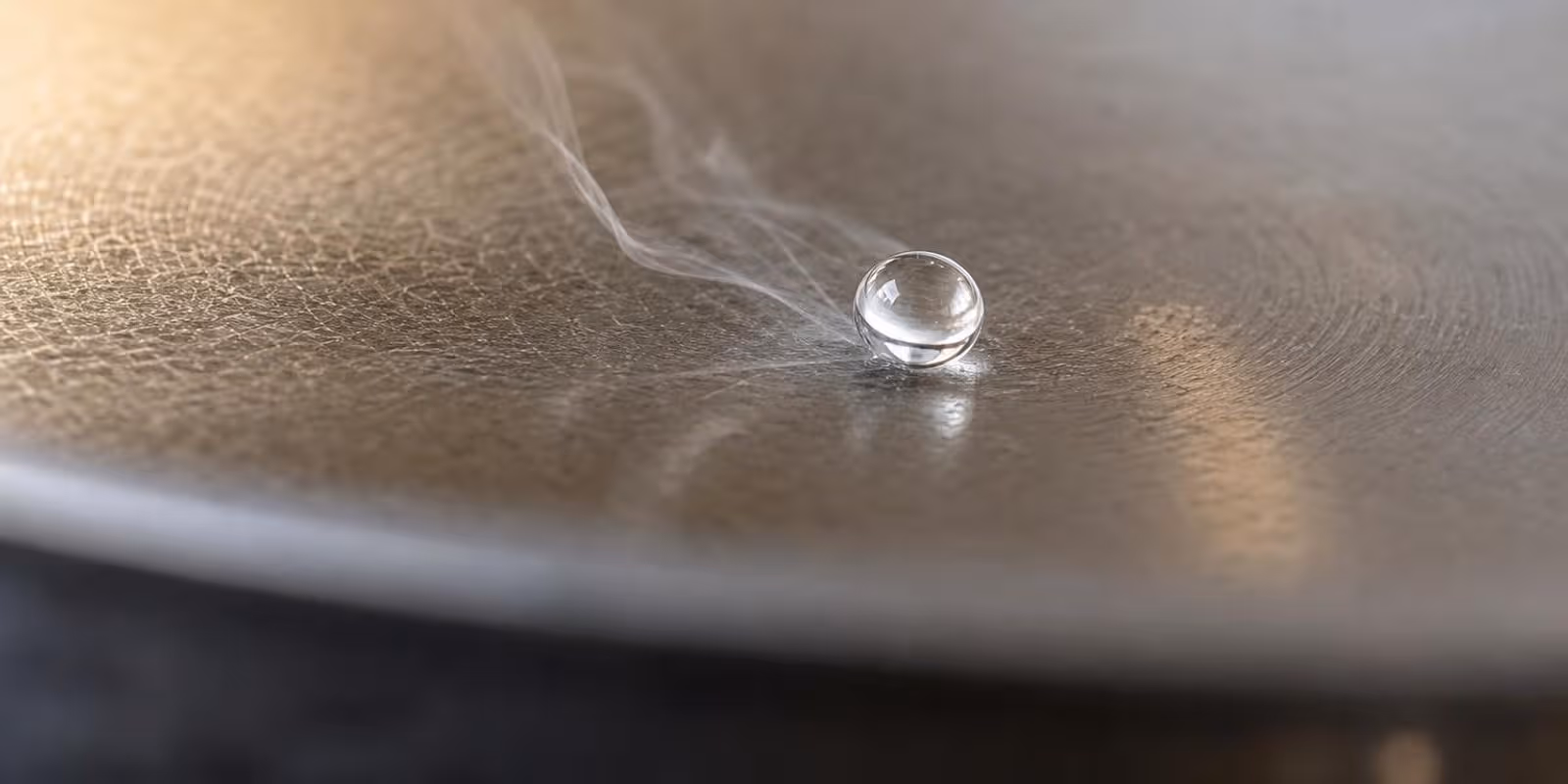 Ein Wassertropfen tanzt als silberne Perle ueber den Boden einer heissen Edelstahlpfanne.