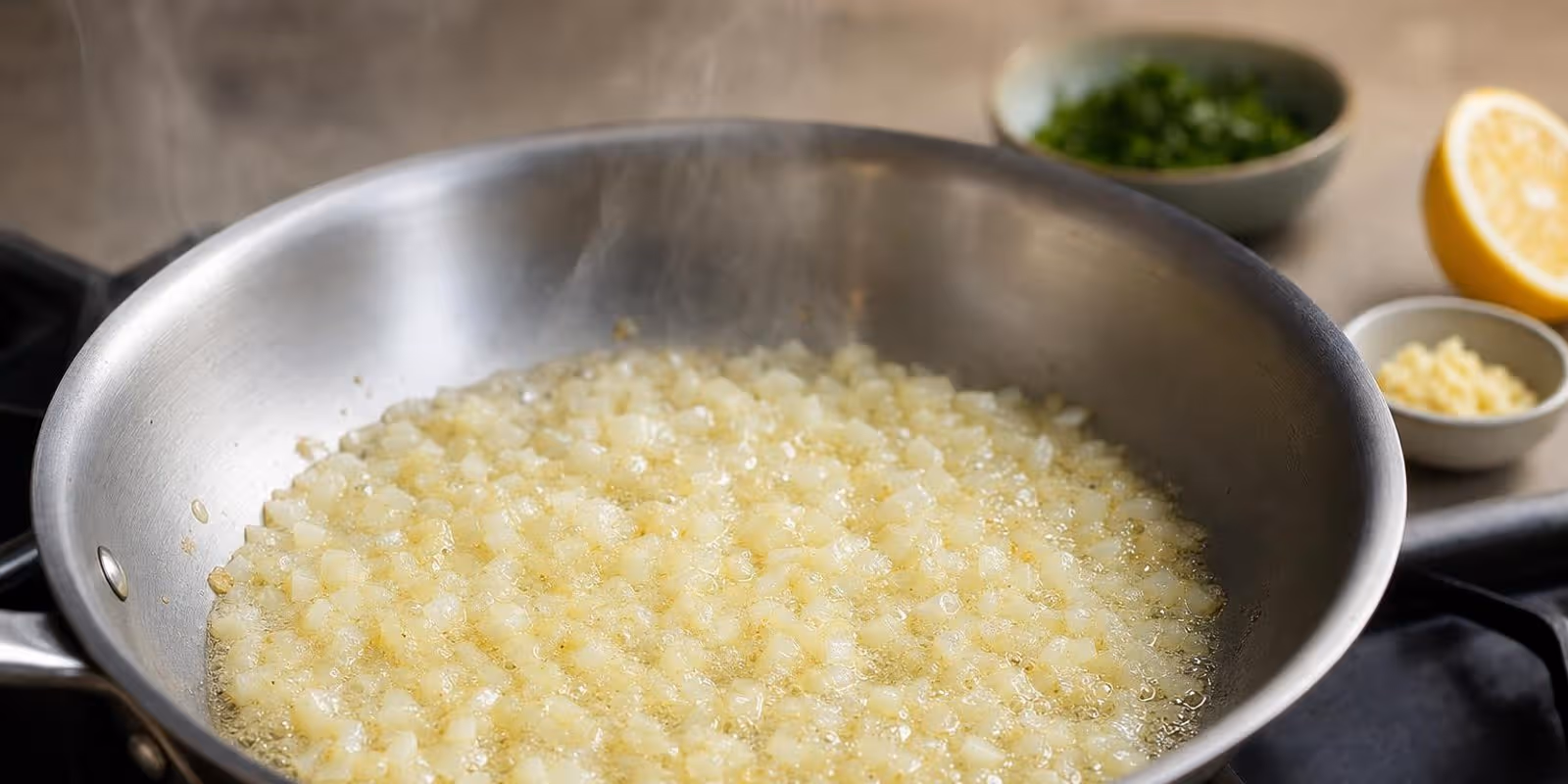Gewuerfelte Zwiebeln braten glaenzend in Butter, daneben stehen vorbereitete Zutaten in kleinen Schuesseln.
