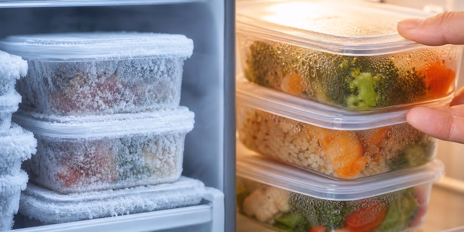 Vorgekochte Gerichte in Boxen werden zwischen frostigem Gefrierfach und Kuehlschrank aufgeteilt.