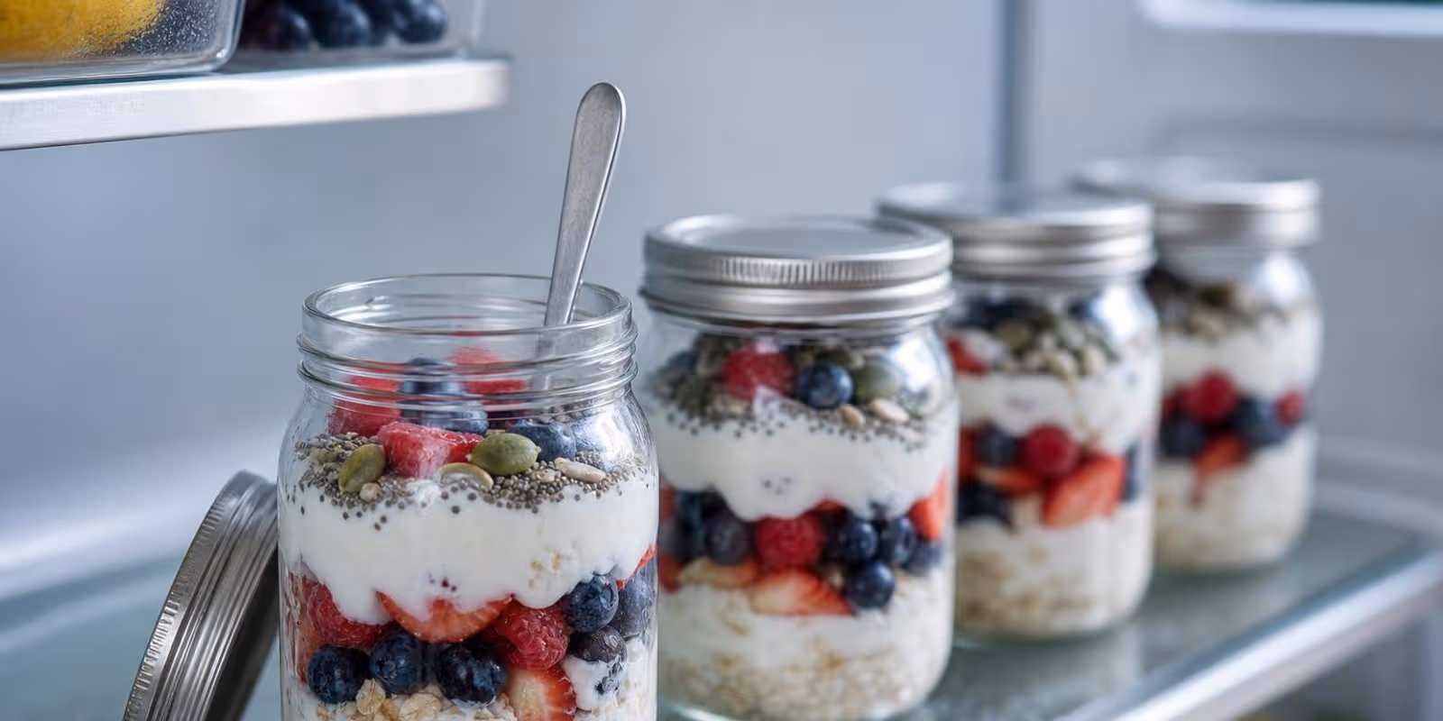 Fuenf Glaeser mit geschichteten Overnight Oats, Joghurt und Beeren stehen im Kuehlschrank.