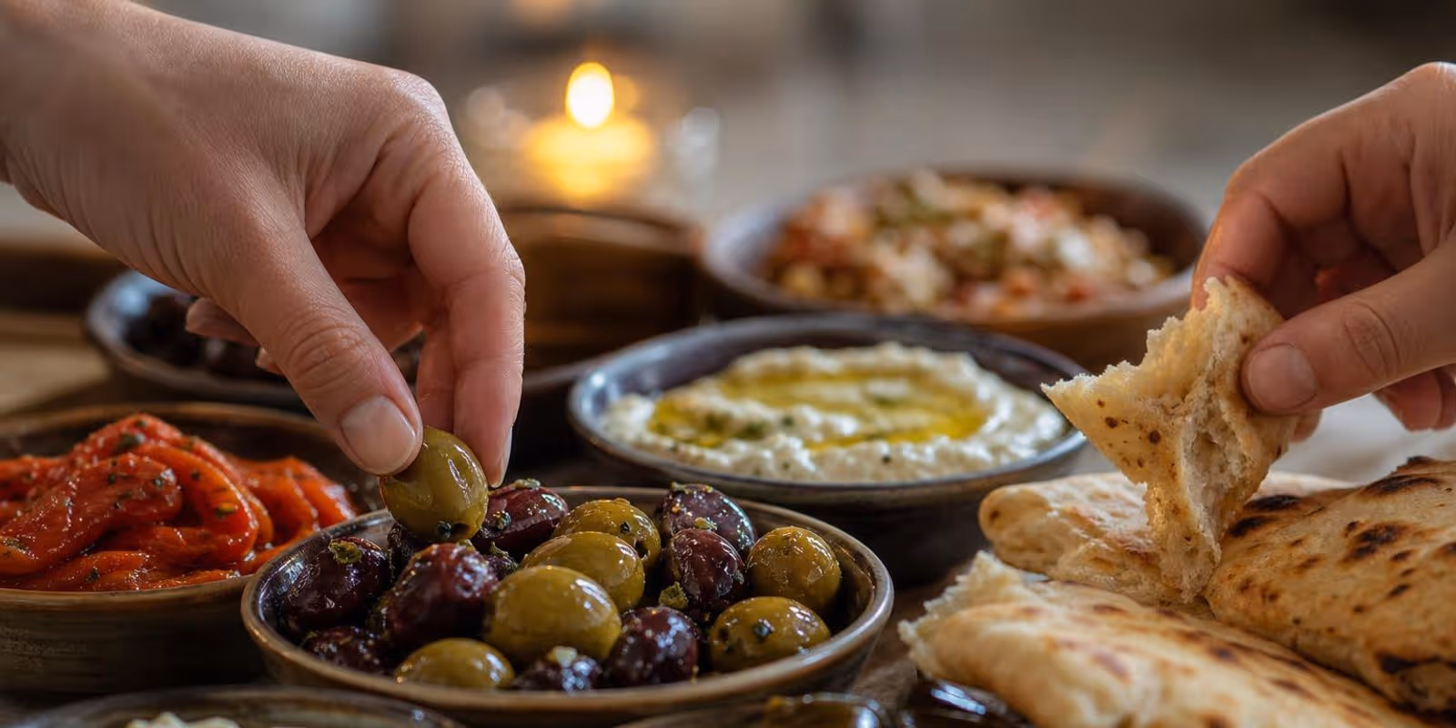 Viele kleine Schalen mit Antipasti und Meze stehen dicht gedraengt auf dem Tisch.