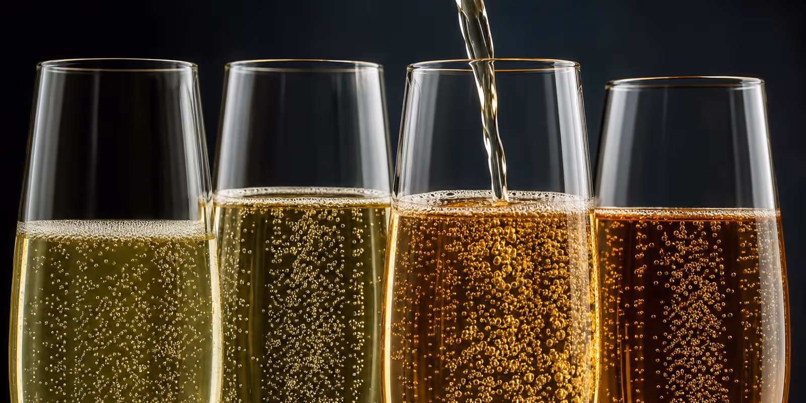 Vier Glaeser Schaumwein mit unterschiedlich feinen Perlen und Farbtoenen im Gegenlicht.
