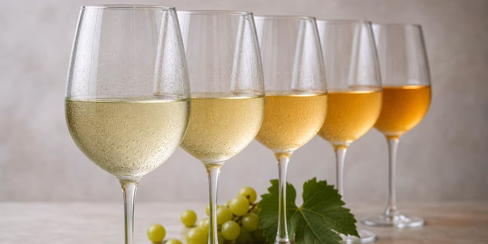 Fuenf Glaeser Weisswein in unterschiedlichen Goldtoenen stehen in einer Reihe neben Trauben und Rebblatt.
