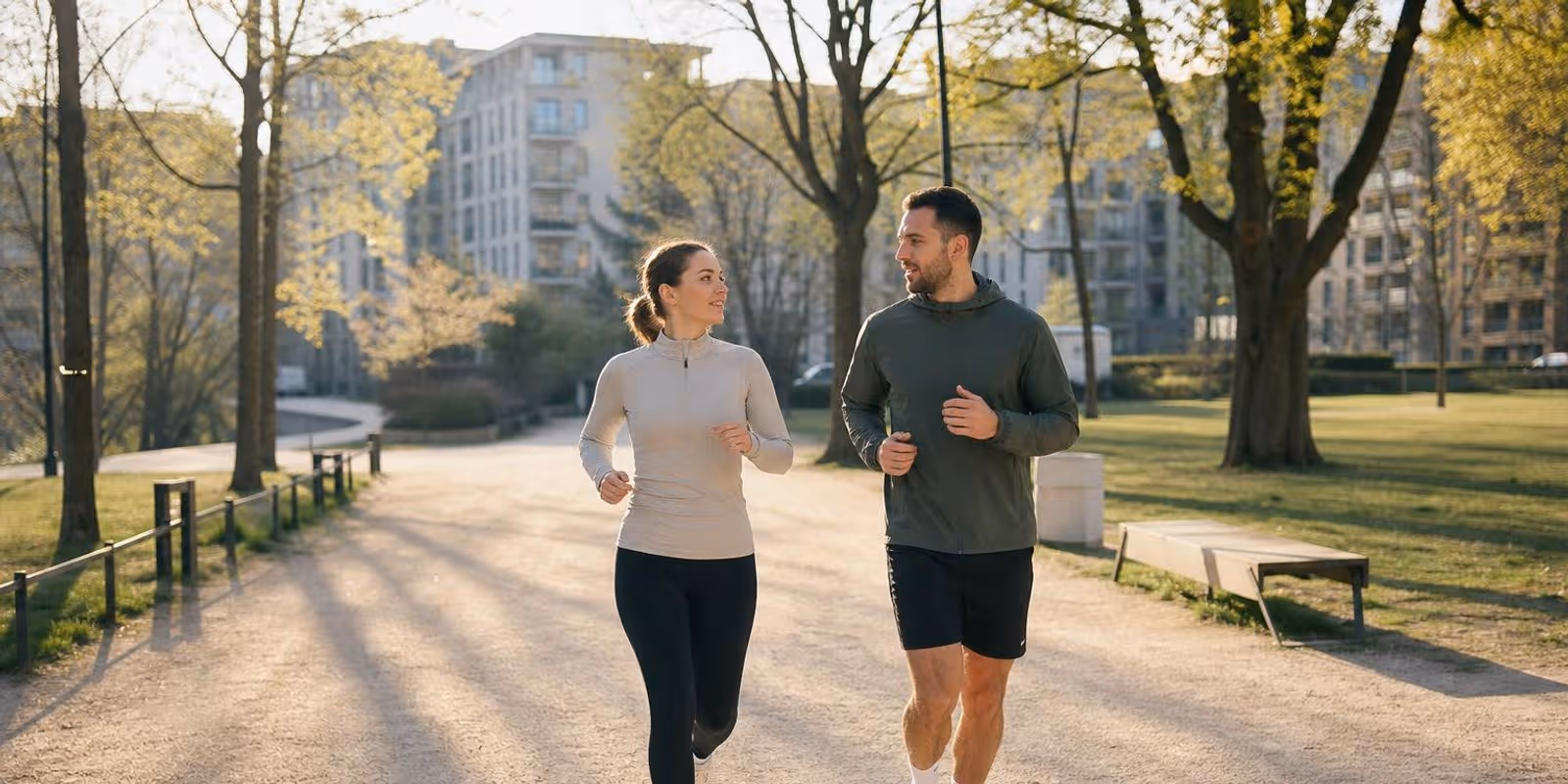 Zwei Laeufer joggen im lockeren Tempo nebeneinander durch den Park und unterhalten sich dabei.