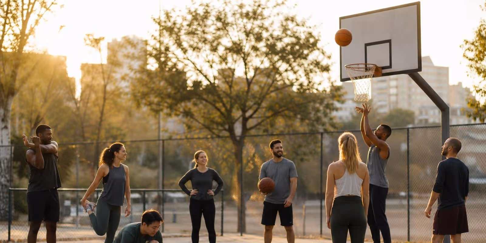 Gemischte Gruppe waermt sich abends auf einem Basketballplatz im Park auf, ein Ball fliegt zum Korb.