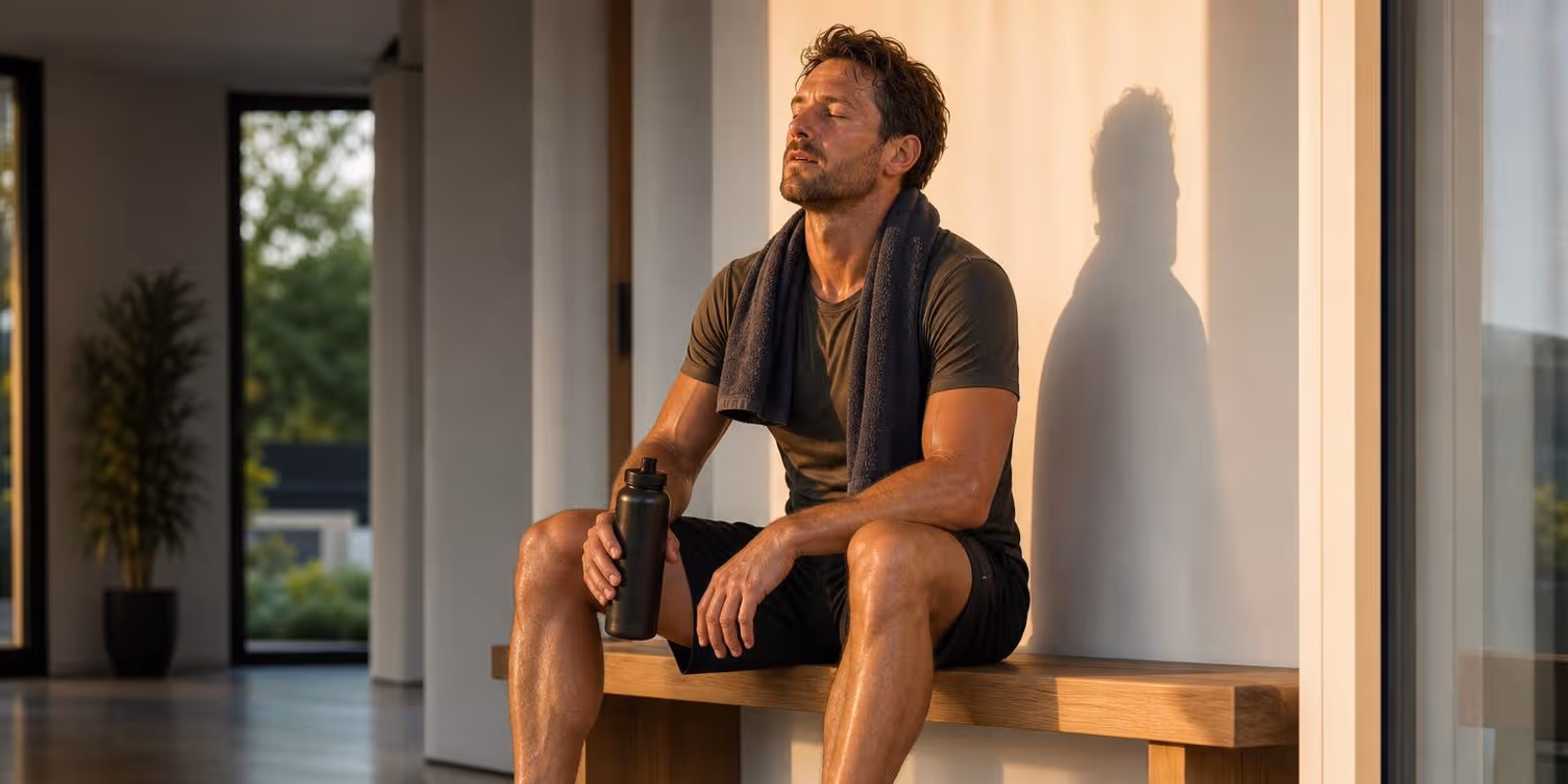 Sportlerin sitzt nach dem Training entspannt mit Handtuch und Wasserflasche auf einer Bank.