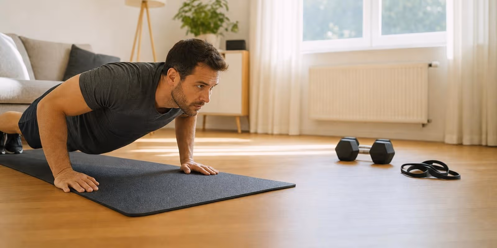 Ein Mann macht Liegestuetze auf einer Matte im Wohnzimmer, daneben liegen Kurzhanteln und ein Fitnessband.