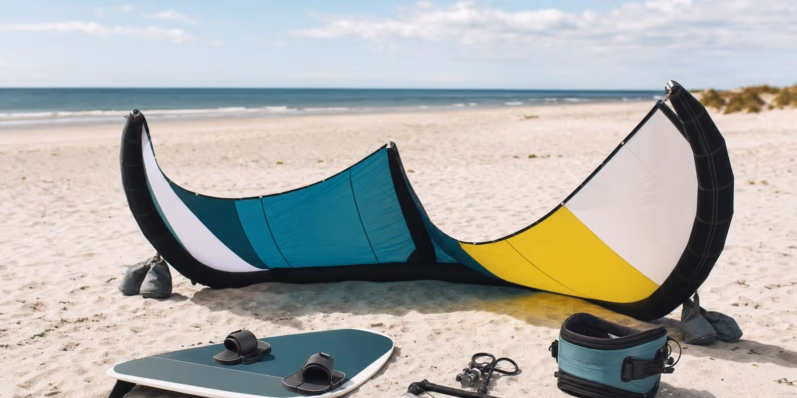 Kite, Board, Bar mit Leinen und Trapez liegen ordentlich aufgereiht am Sandstrand.