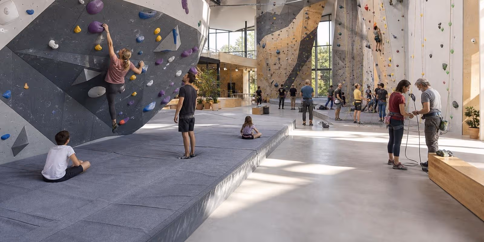Moderne Kletterhalle mit Boulderbereich vorn und hohen Seilwaenden dahinter.