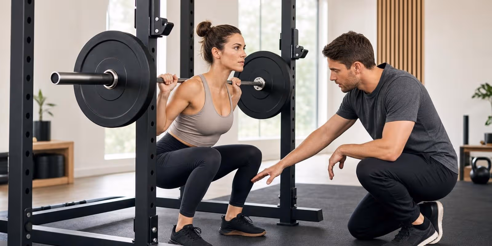 Eine Frau haelt die tiefe Position einer Langhantel-Kniebeuge, waehrend ein Trainer ihre Technik prueft.