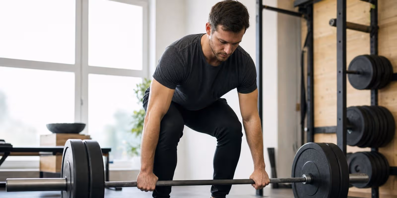 Ein Einsteiger greift im Fitnessstudio konzentriert eine Langhantel fuer den Kreuzheben-Ansatz.