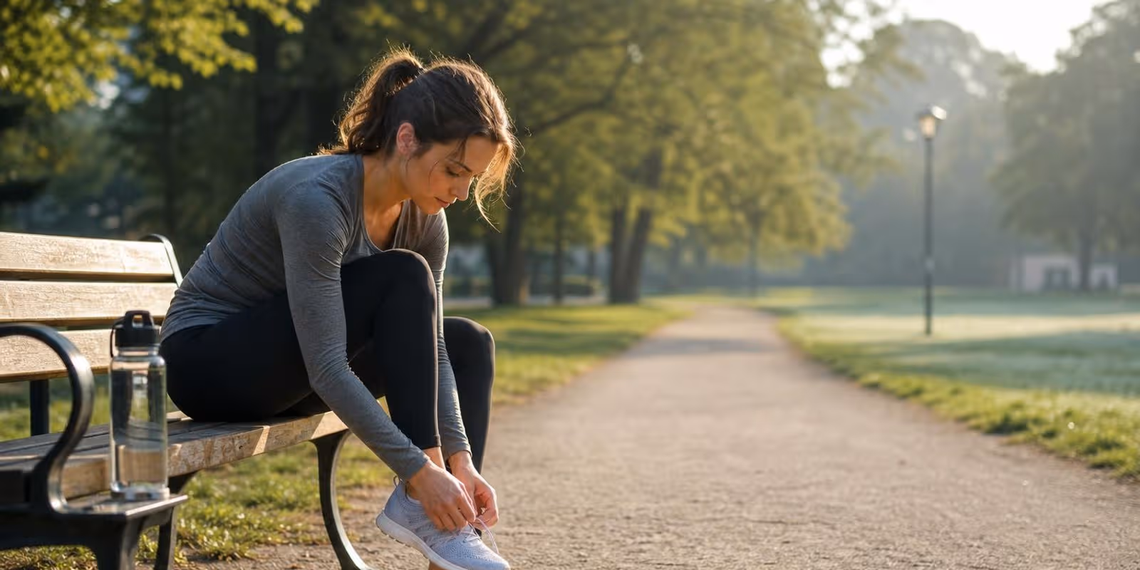Laeuferin bindet sich am Morgen im Park die Schuhe vor dem Lauf.