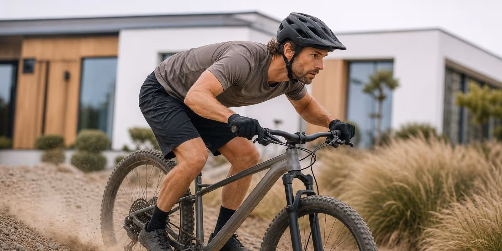 Mountainbiker faehrt in sauberer Grundposition mit tiefem Koerperschwerpunkt einen leichten Trail hinab.
