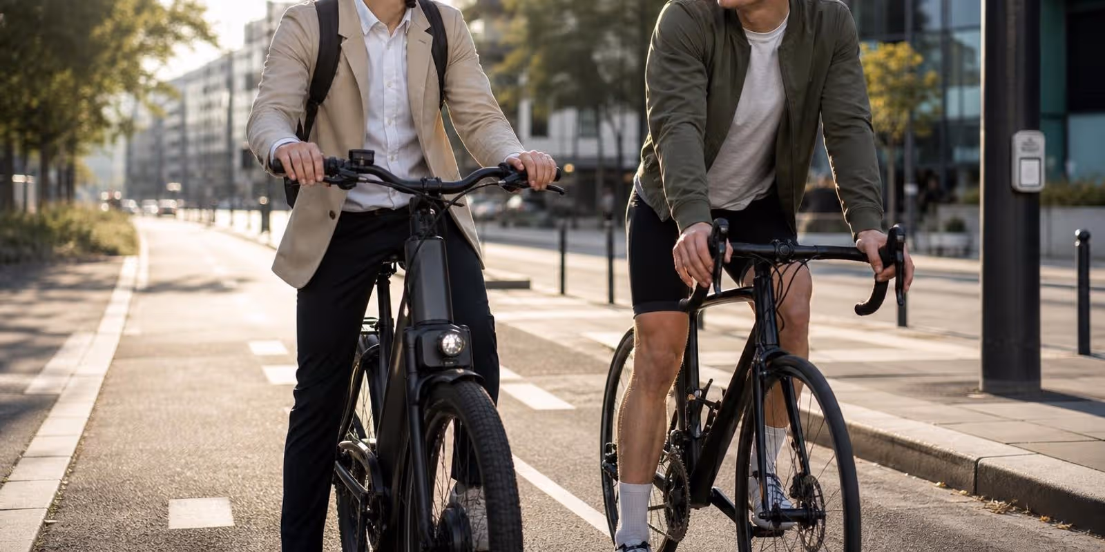 Zwei Pendler warten nebeneinander an der Ampel, einer auf dem E-Bike, einer auf dem normalen Rad.