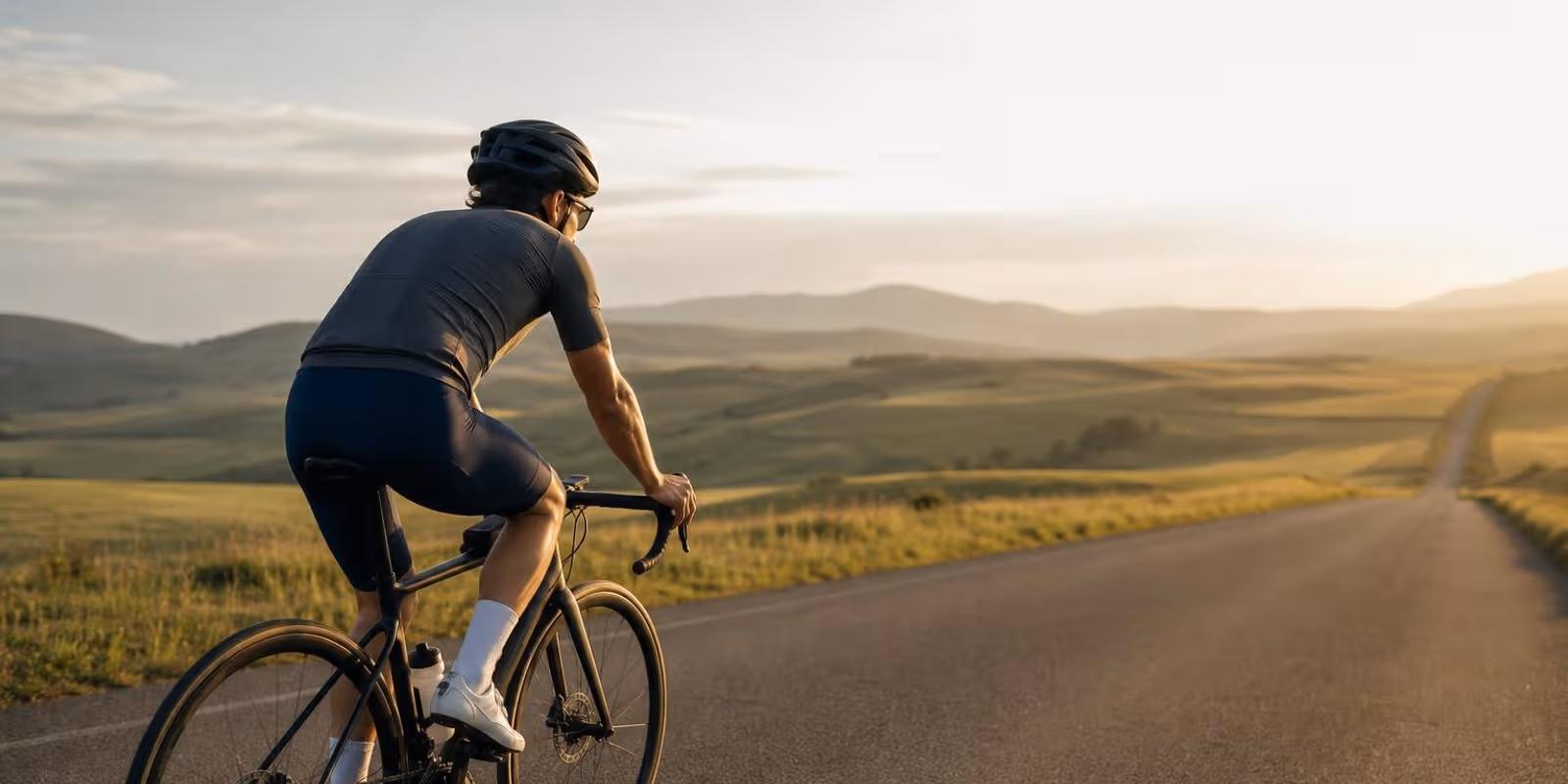 Rennradfahrerin faehrt am Morgen auf einer langen Landstrasse ihrer ersten grossen Tour.