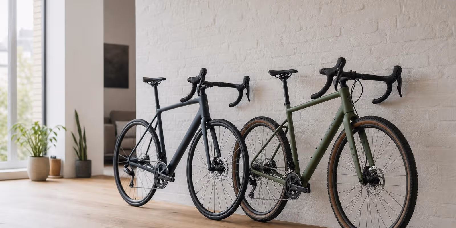 Rennrad und Gravelbike lehnen zum Vergleich nebeneinander an einer Ziegelwand.