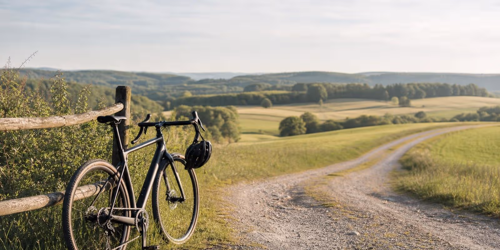 Gravelbike lehnt am Zaun an der Stelle, wo die Strasse in einen Feldweg uebergeht.