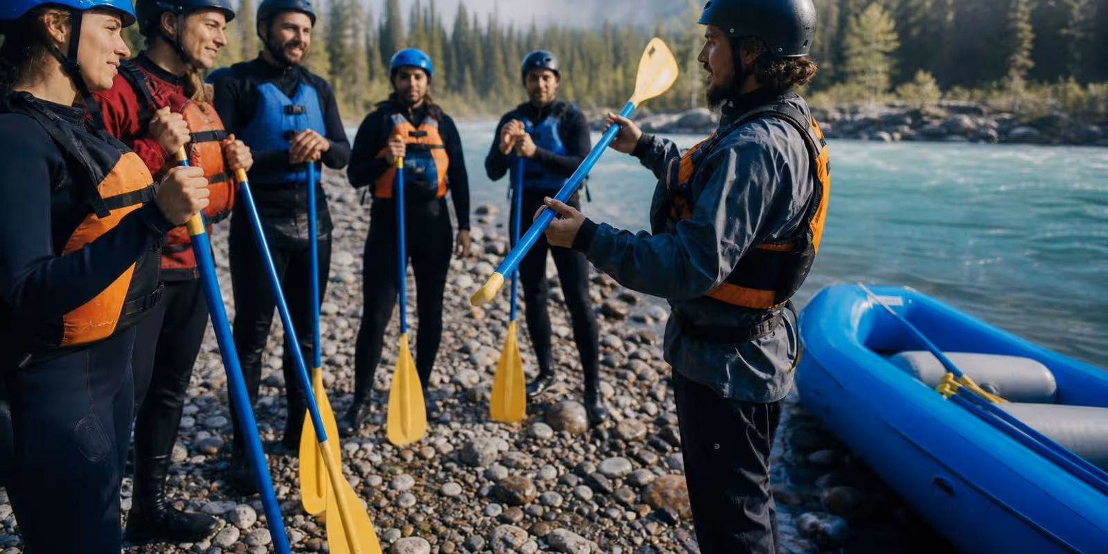 Guide erklaert einer Gruppe in Neopren und Helmen am Ufer den Ablauf der ersten Raftingtour.