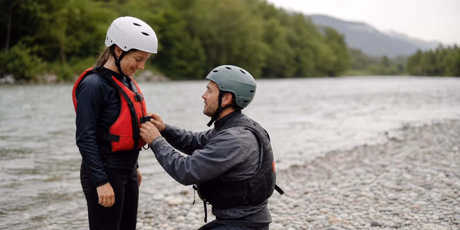 Guide zieht am Flussufer die Gurte einer Schwimmweste fest, daneben liegt ein Wurfsack bereit.