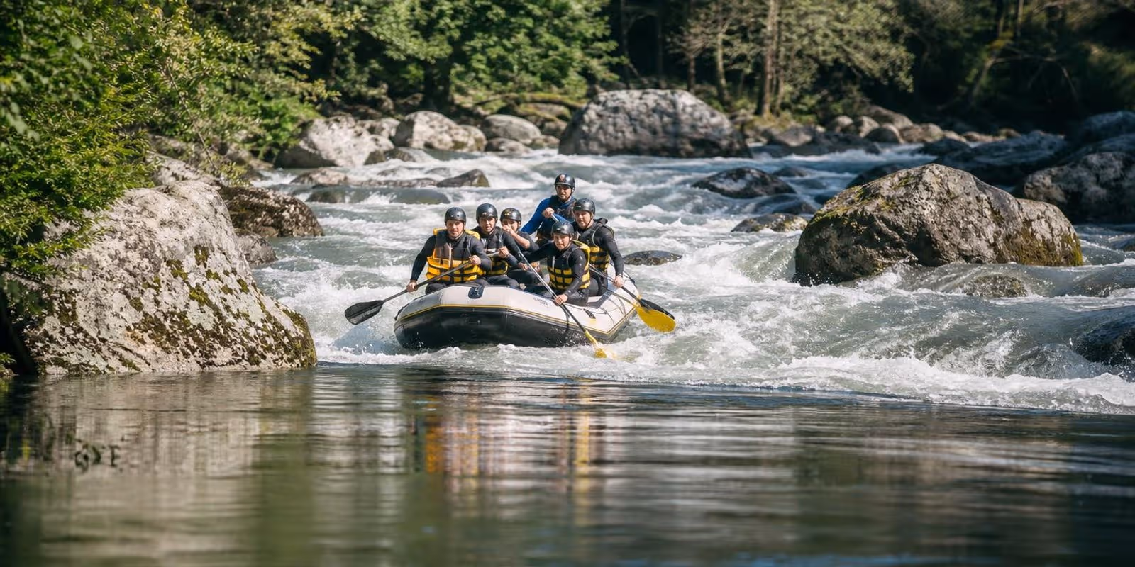 Fluss wechselt von ruhiger Stroemung zu tosender Stromschnelle, ein Raft sucht die Linie.