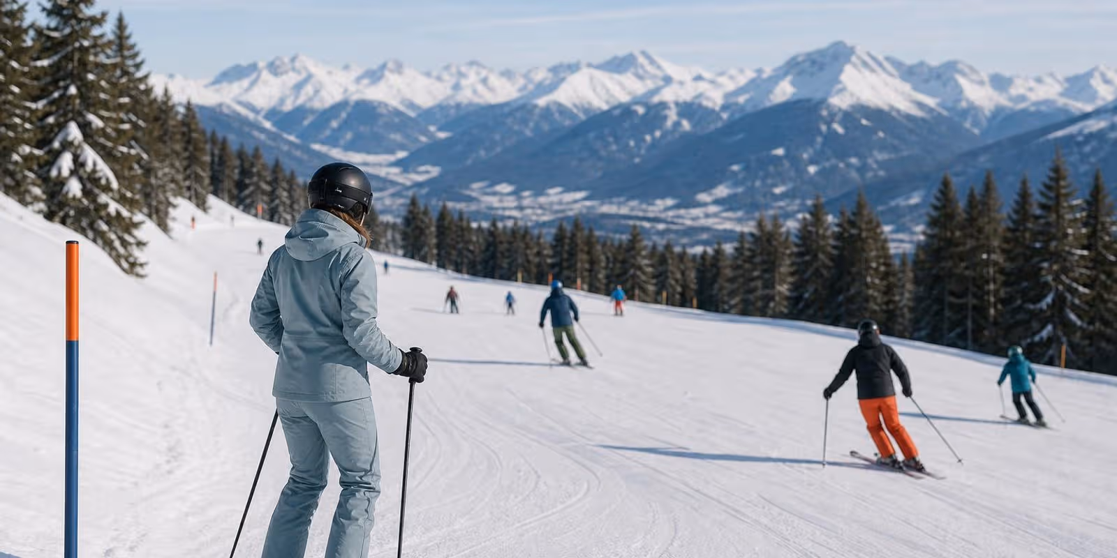 Skifahrer halten auf einer belebten Piste Abstand, einer schaut am Rand vor dem Einfahren bergwaerts.