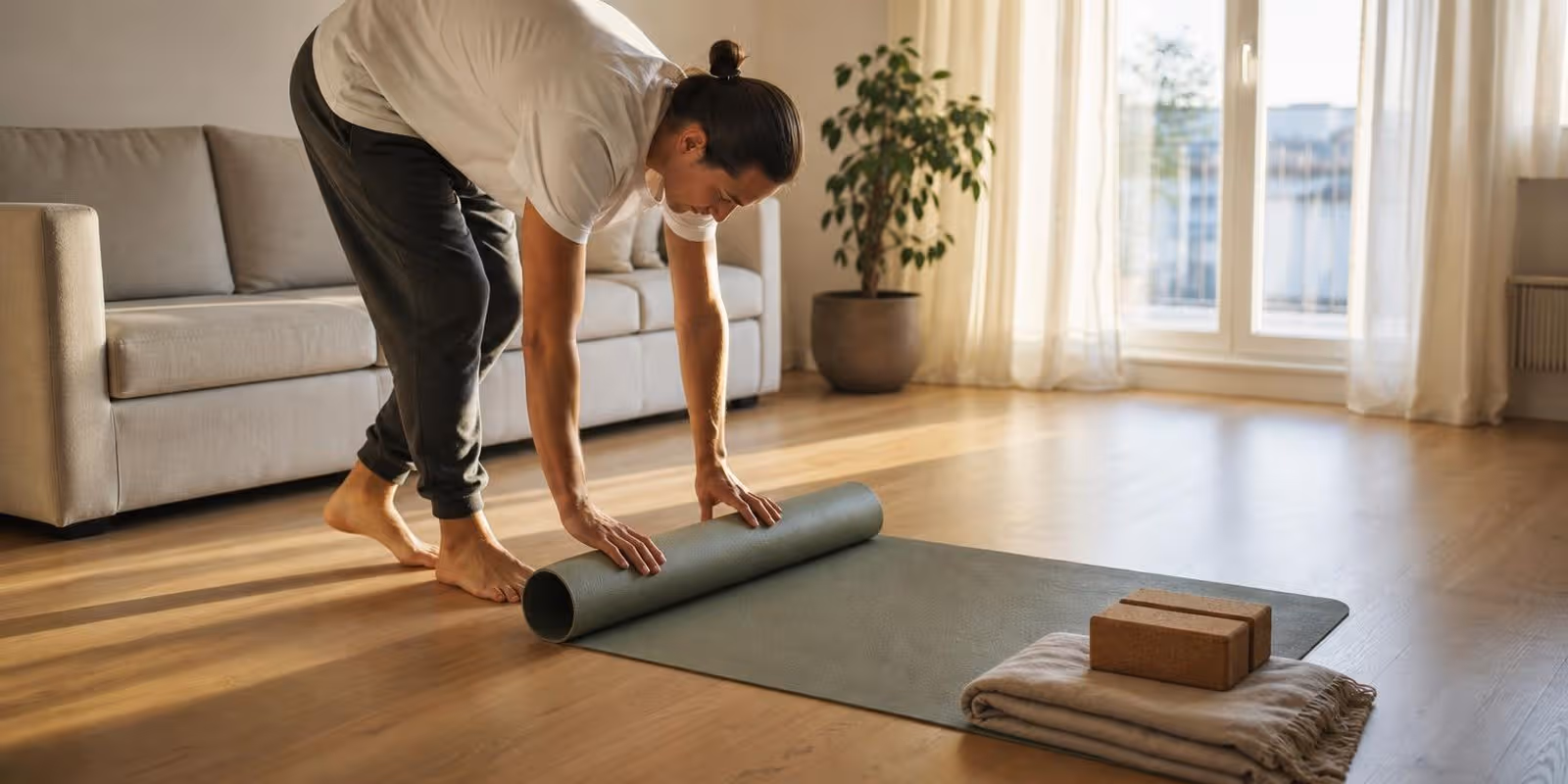 Person rollt am Morgen im Wohnzimmer eine Yogamatte aus, daneben liegen Bloecke und eine Decke.